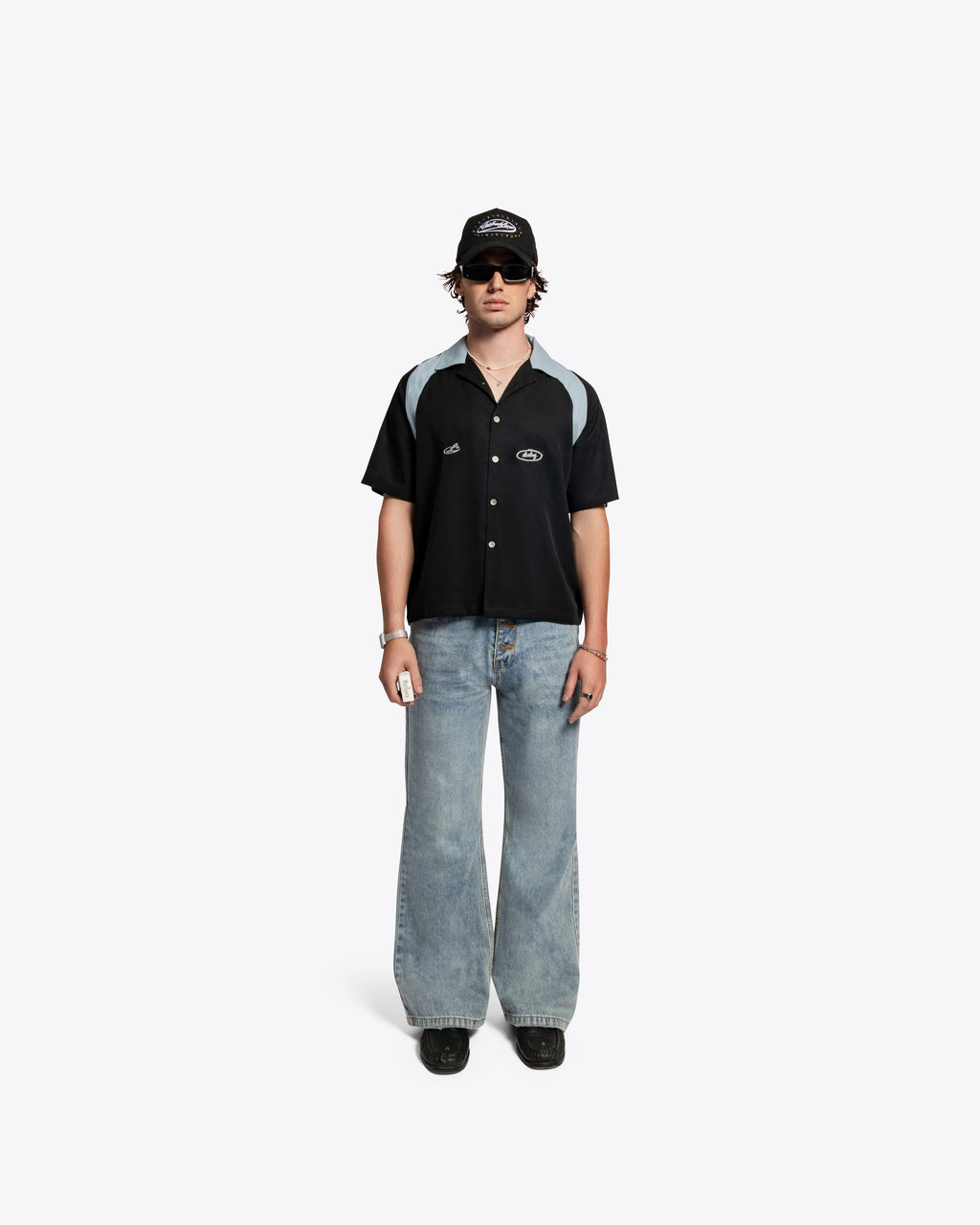 The Drift Shortsleeve Button Down - Powder Blue / Black