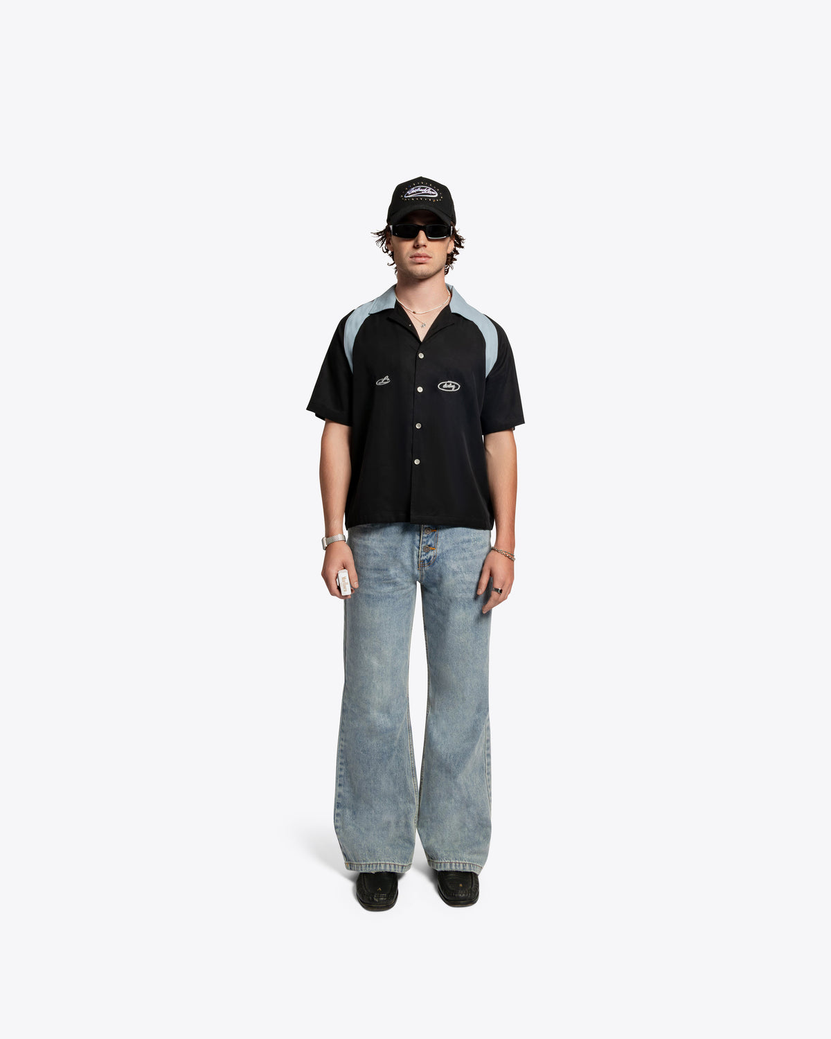 The Drift Shortsleeve Button Down - Powder Blue / Black