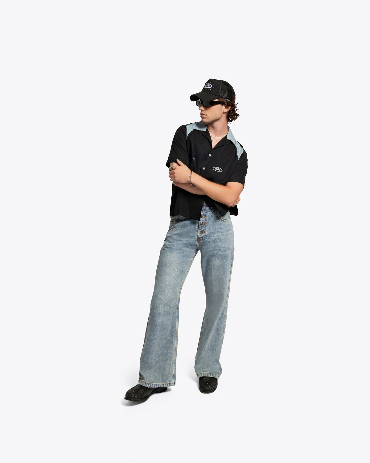 The Drift Shortsleeve Button Down - Powder Blue / Black